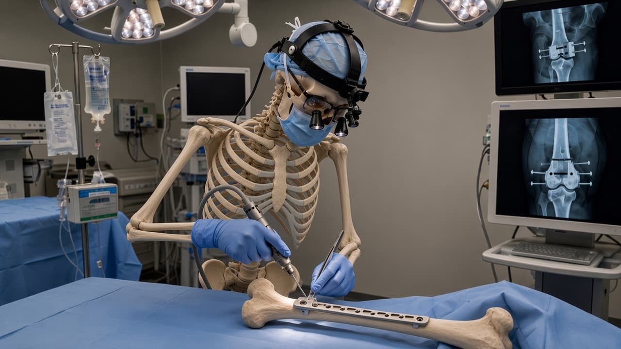 Dr. Blakley, D.O., plating a femur model in the operating room